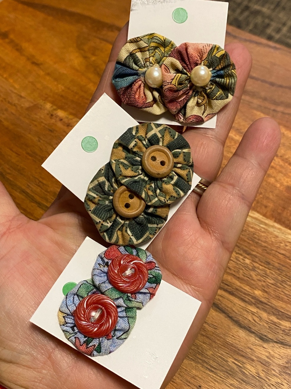 Handmade fabric button post earrings 3 pairs